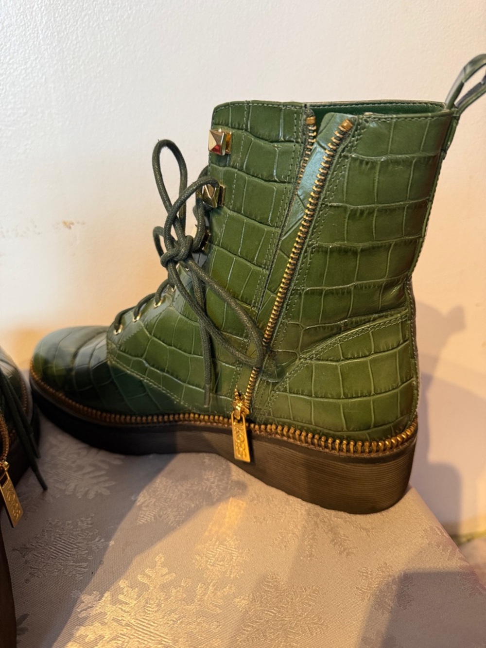 Michael Kors Olive Green Croc-Embossed Lace-Up Platform Boots - Picture 2 of 3
